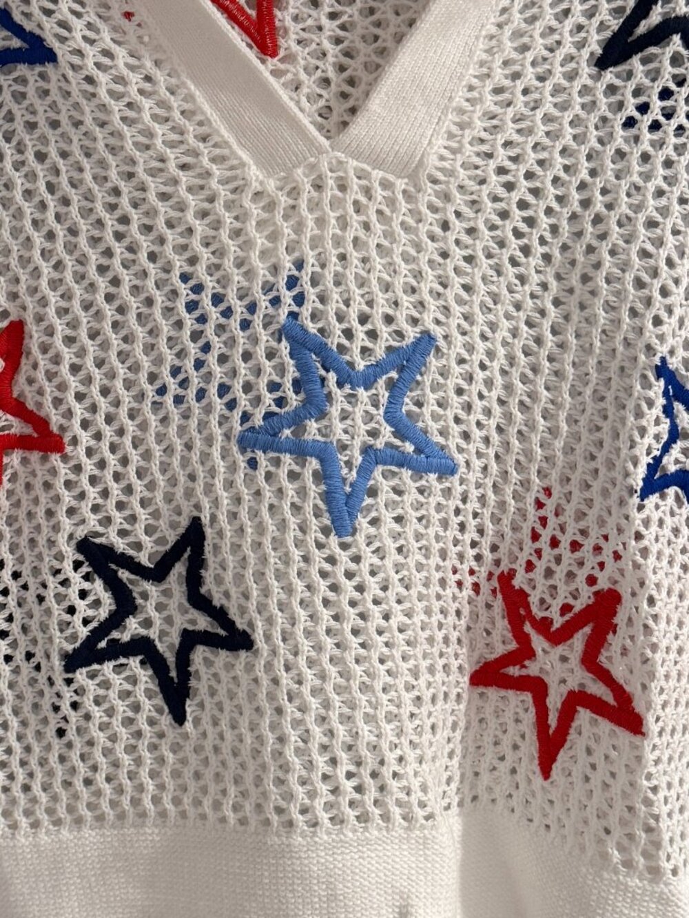 Lou & Grey Red White & Blue Star Open Knit Hooded Sweater XS